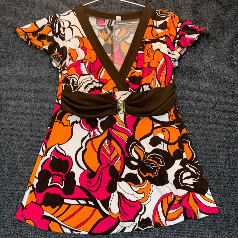 VTG Retro V-Neck Tunic S Brown Orange Y2K Psychedelic Peplum Stretch Lettuce
